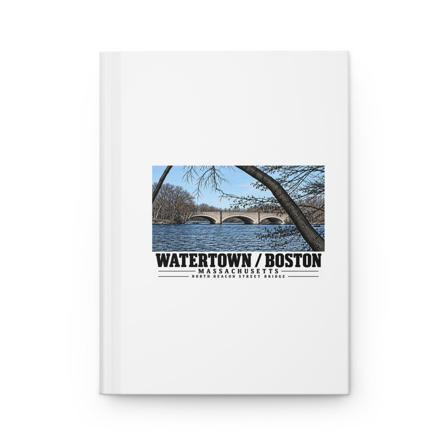 White hardcover journal with North Beacon Street Bridge stone arches framed by a bare tree artwork and Watertown/Boston lettering