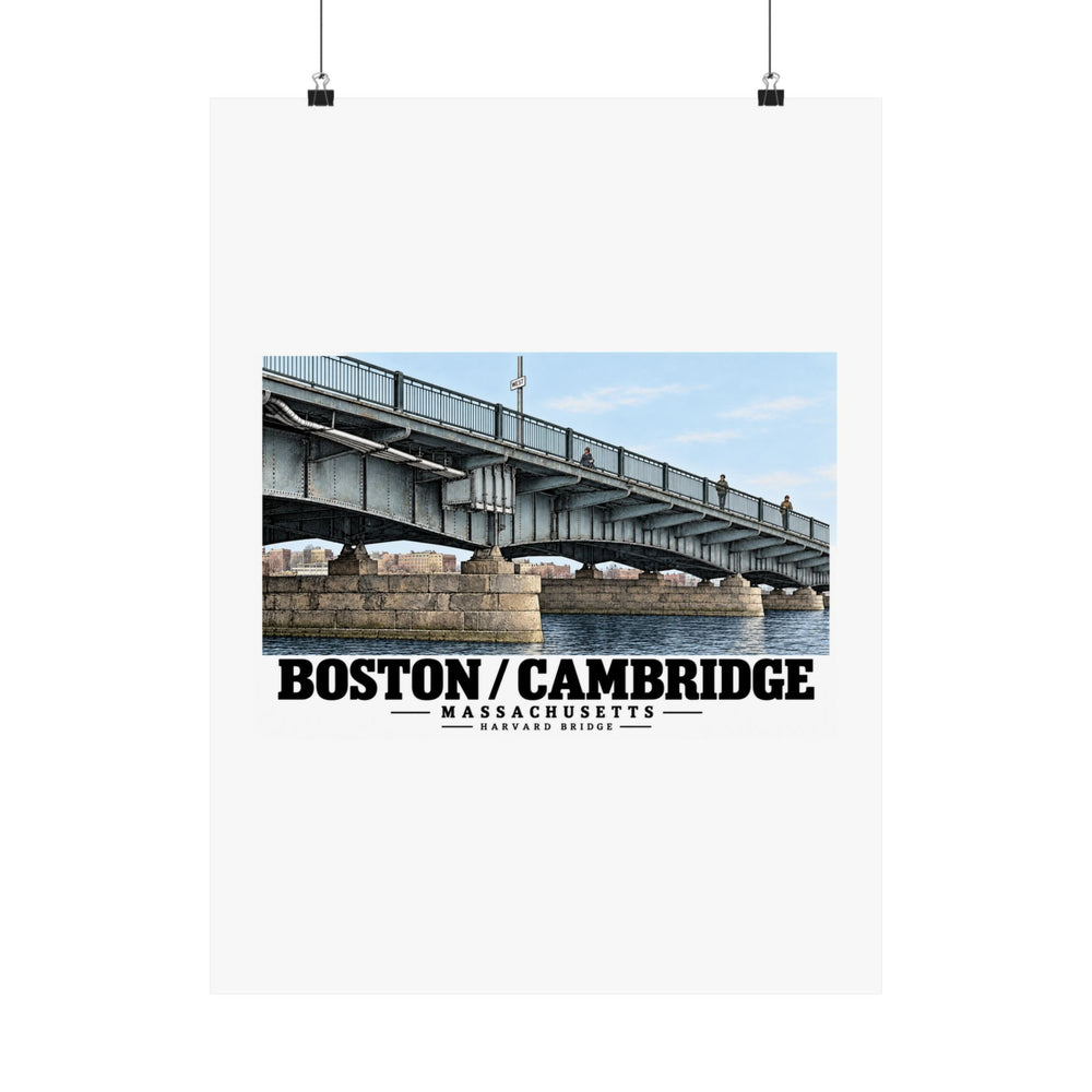 Poster with Harvard Bridge artwork and Boston/Cambridge lettering hanging from two binder clips