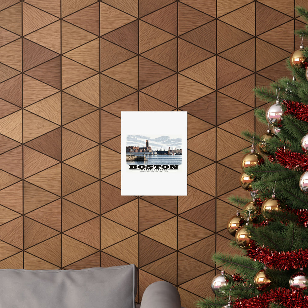Commercial Wharf waterfront buildings, twin chimneys and harbor water poster on a wood wall beside a decorated evergreen