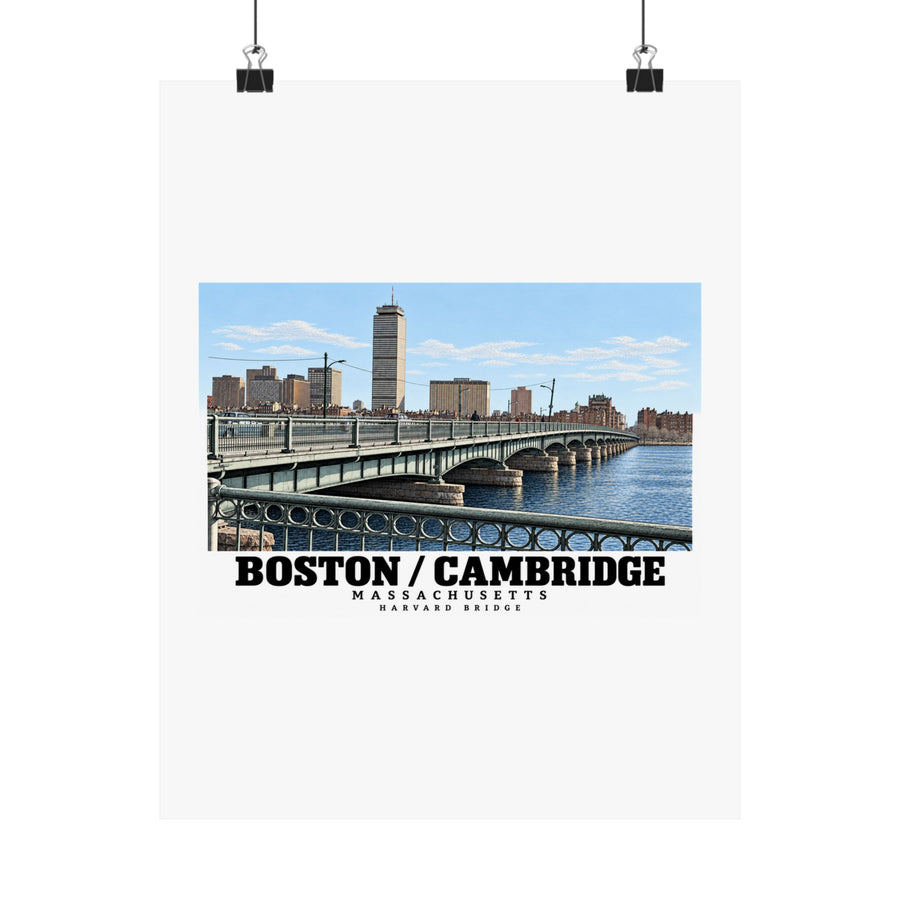 Poster with Harvard Bridge artwork and Boston/Cambridge lettering hanging from two binder clips