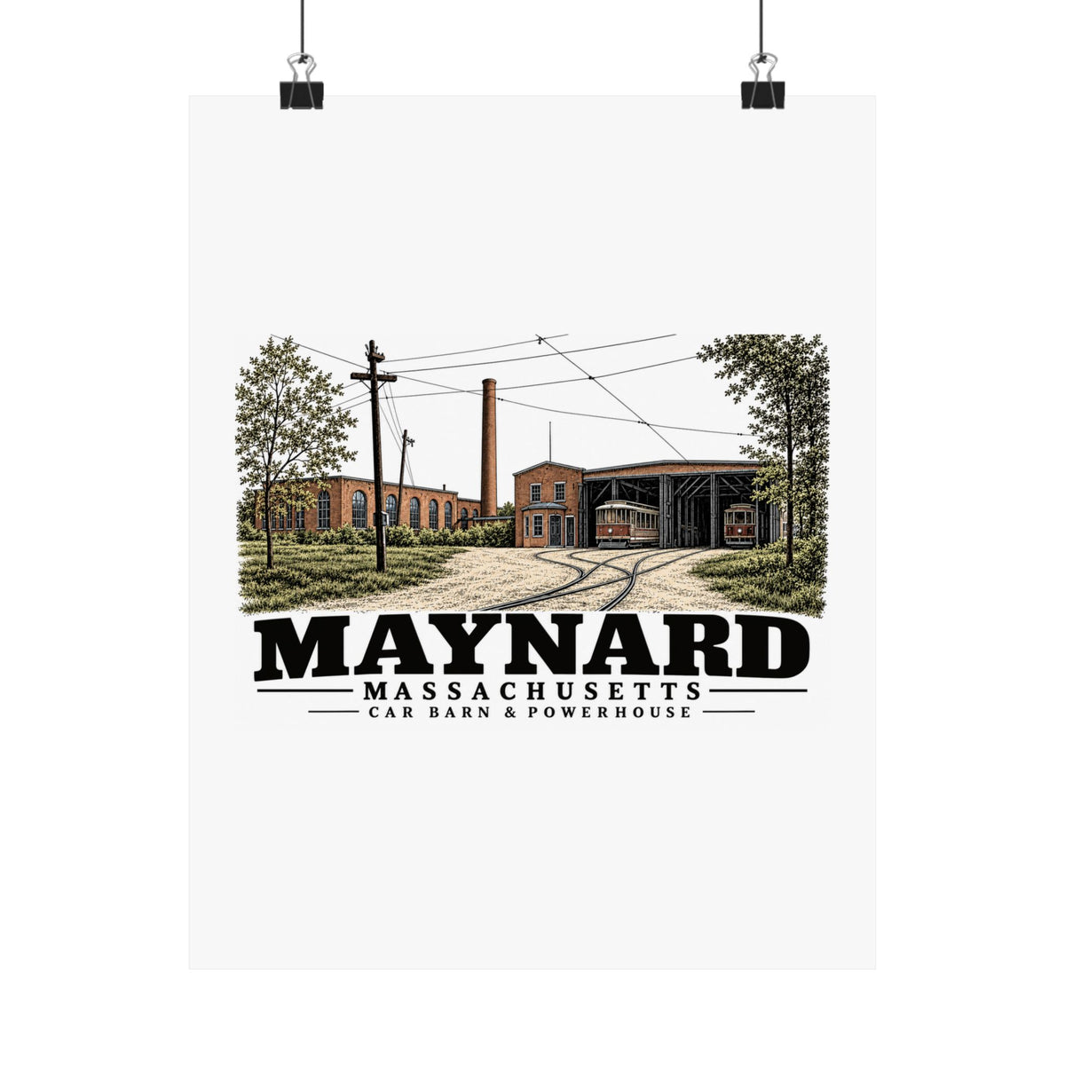 Illustrated Car Barn & Powerhouse in Maynard on unframed matte poster
