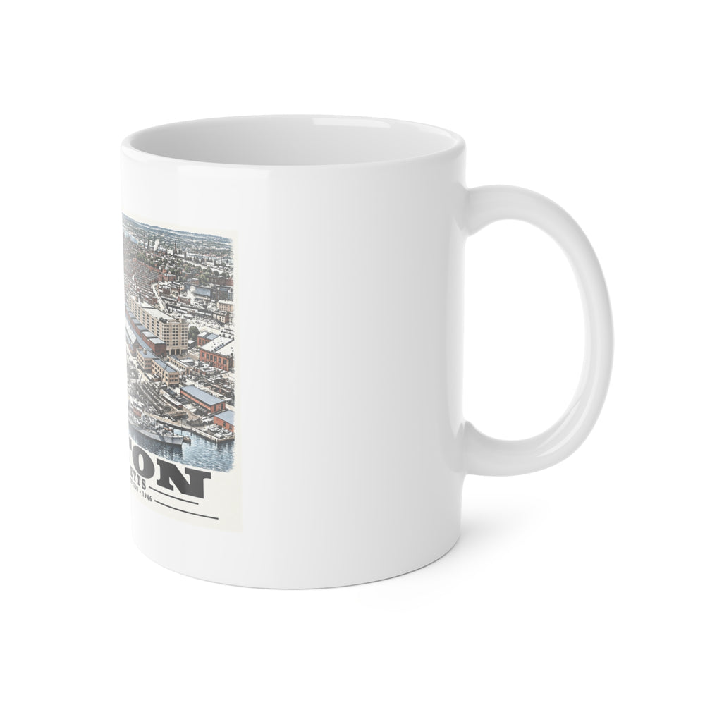 Illustrated Dry Dock 5 and Constitution Pier in Charlestown on ceramic mug