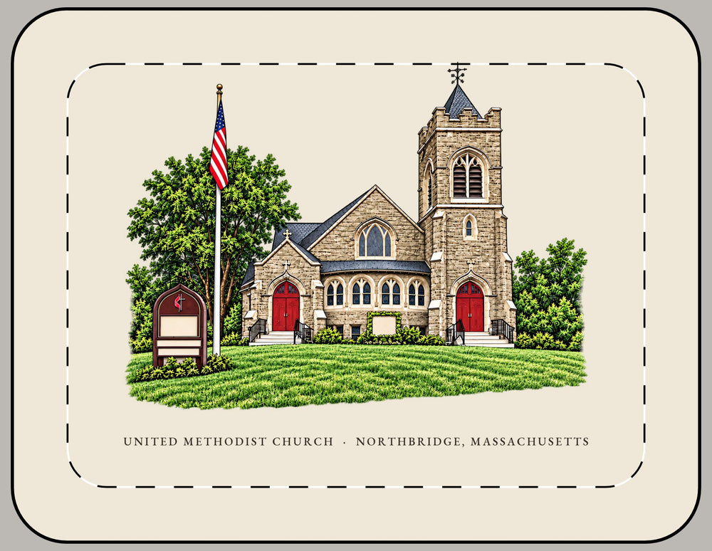 Northbridge United Methodist Church 15-inch laptop sleeve mockup showing the full illustrated print