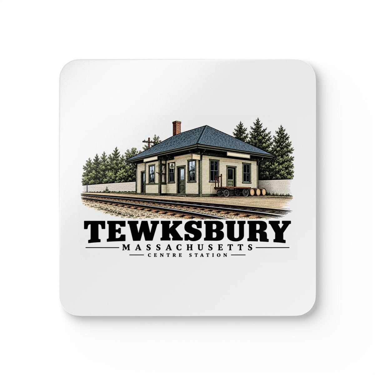 Front of Centre Station square cork-backed coaster set, Tewksbury, Massachusetts.