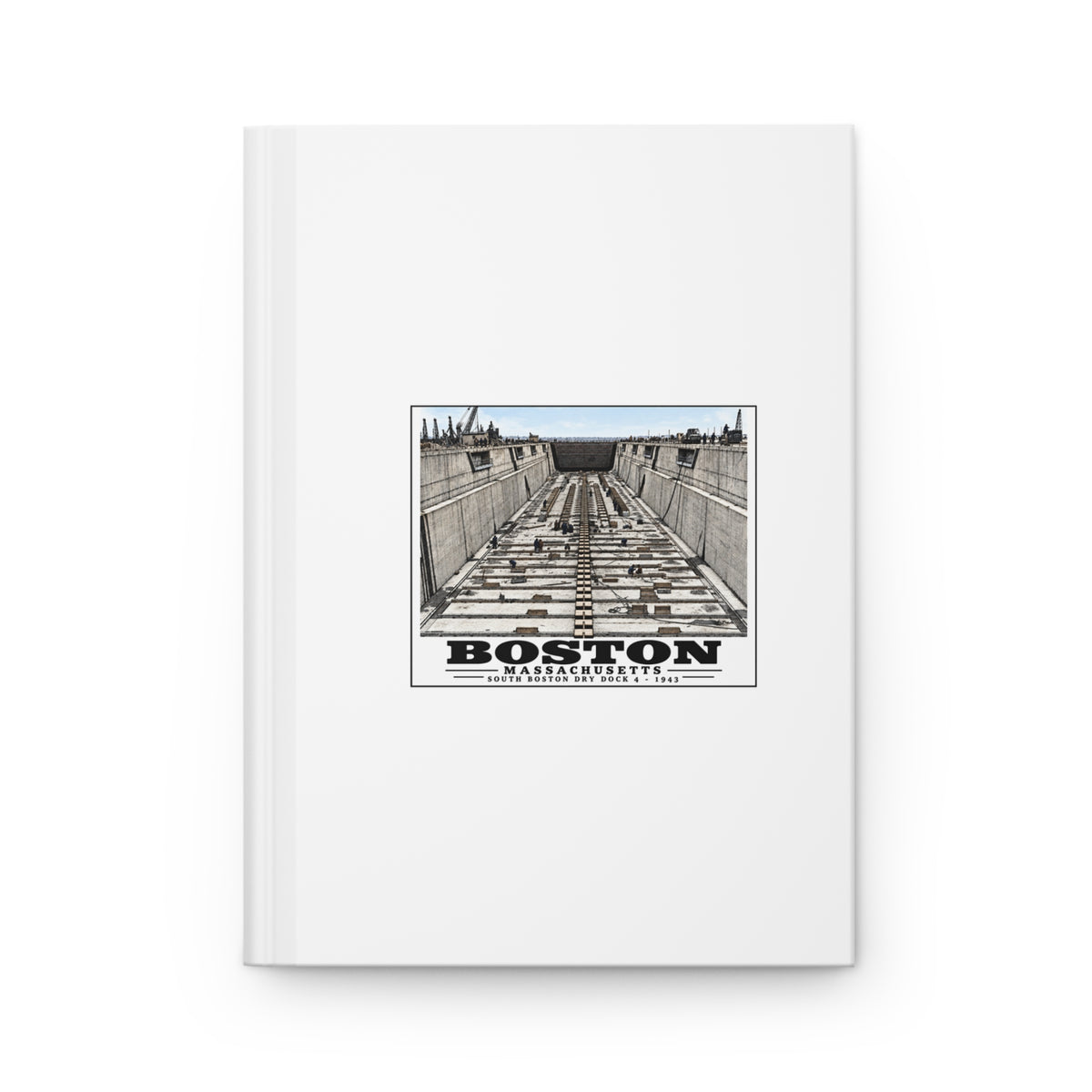 White hardcover journal with naval dry dock with concrete walls and rows of floor blocks artwork and Boston lettering