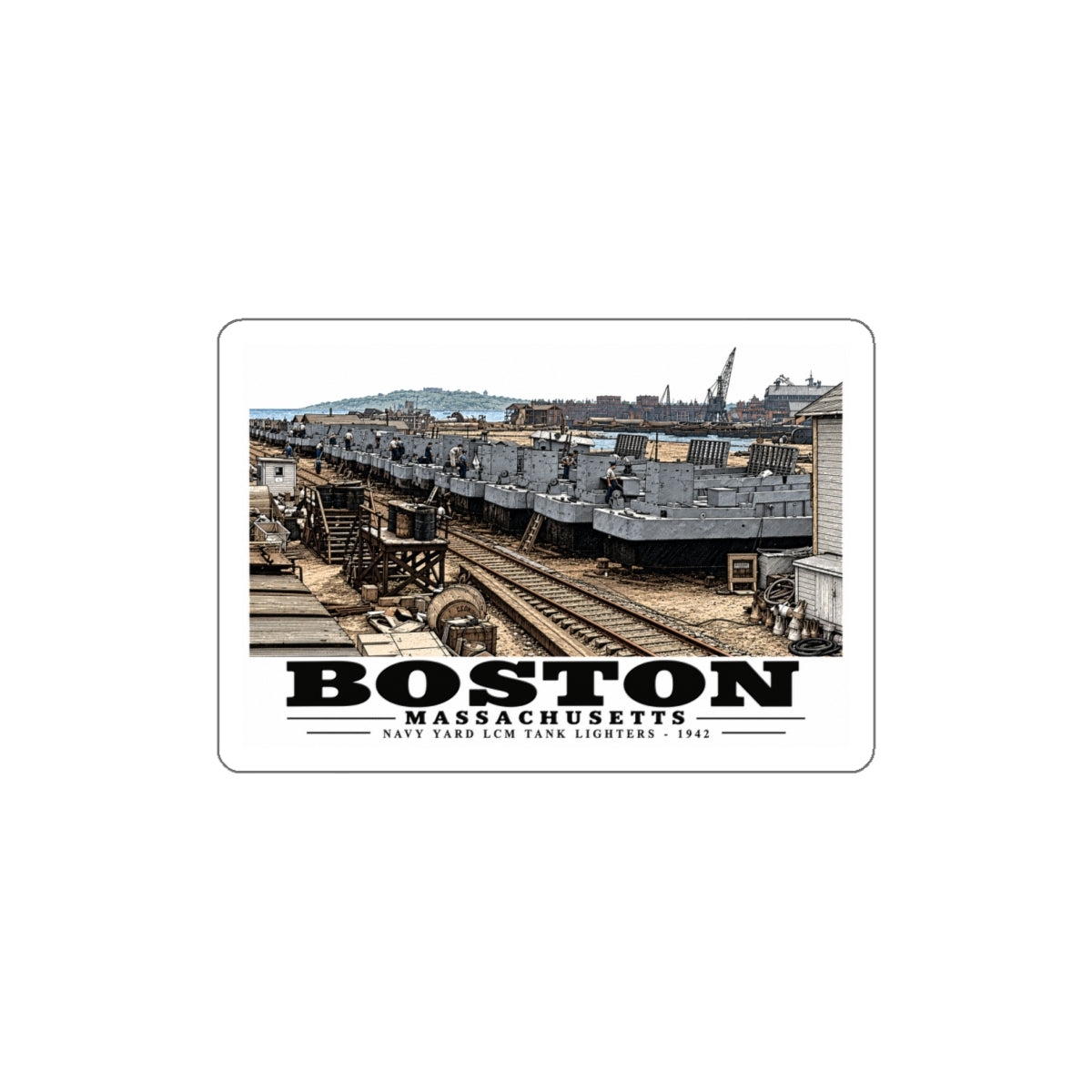 Illustrated Tank Lighters at Boston Navy Yard in Charlestown on die-cut sticker
