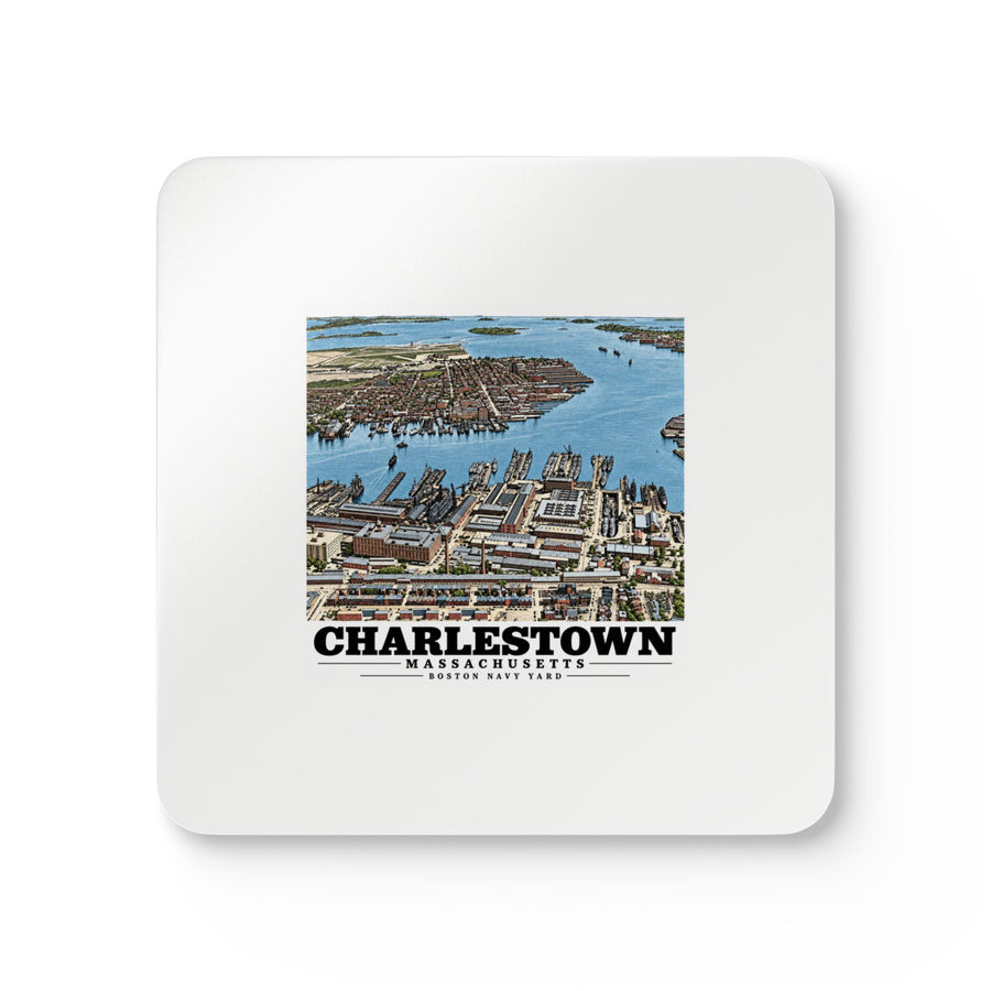 Illustrated Charlestown Navy Yard from the Harbor in Charlestown on corkwood coaster set