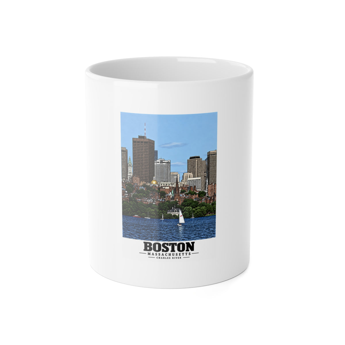 Illustrated View of Boston, Massachusetts, from the Charles River in Boston and Cambridge on ceramic mug
