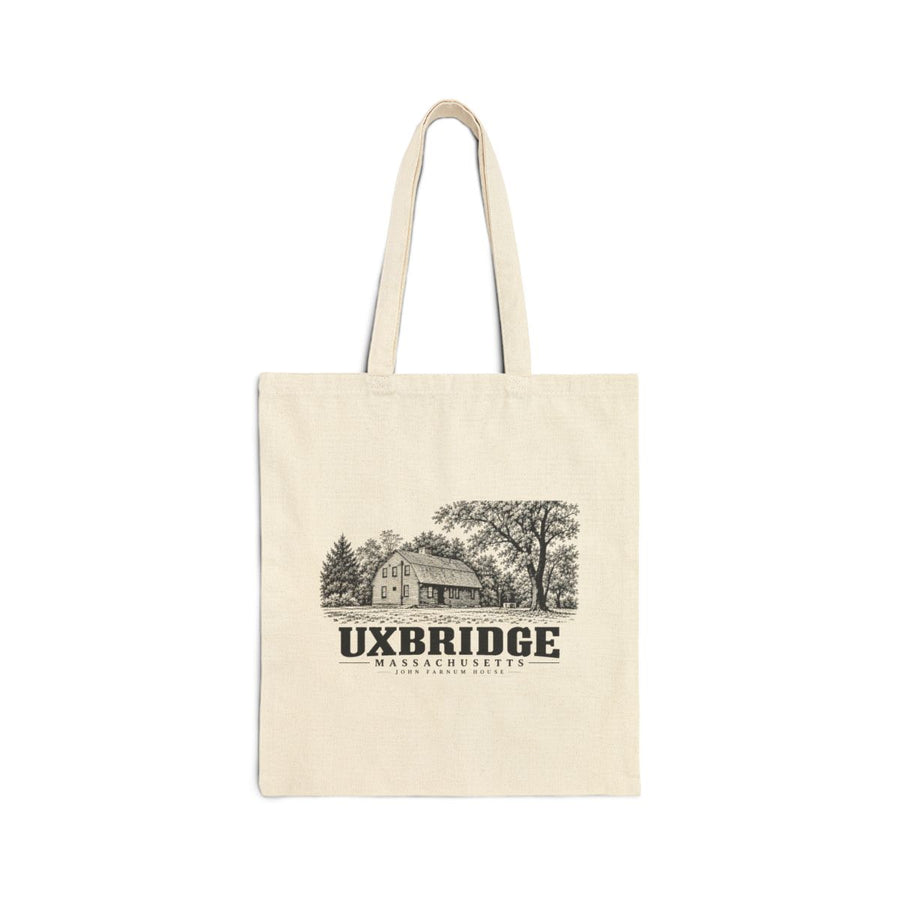 Natural canvas tote with Uxbridge John Farnum House artwork, front view