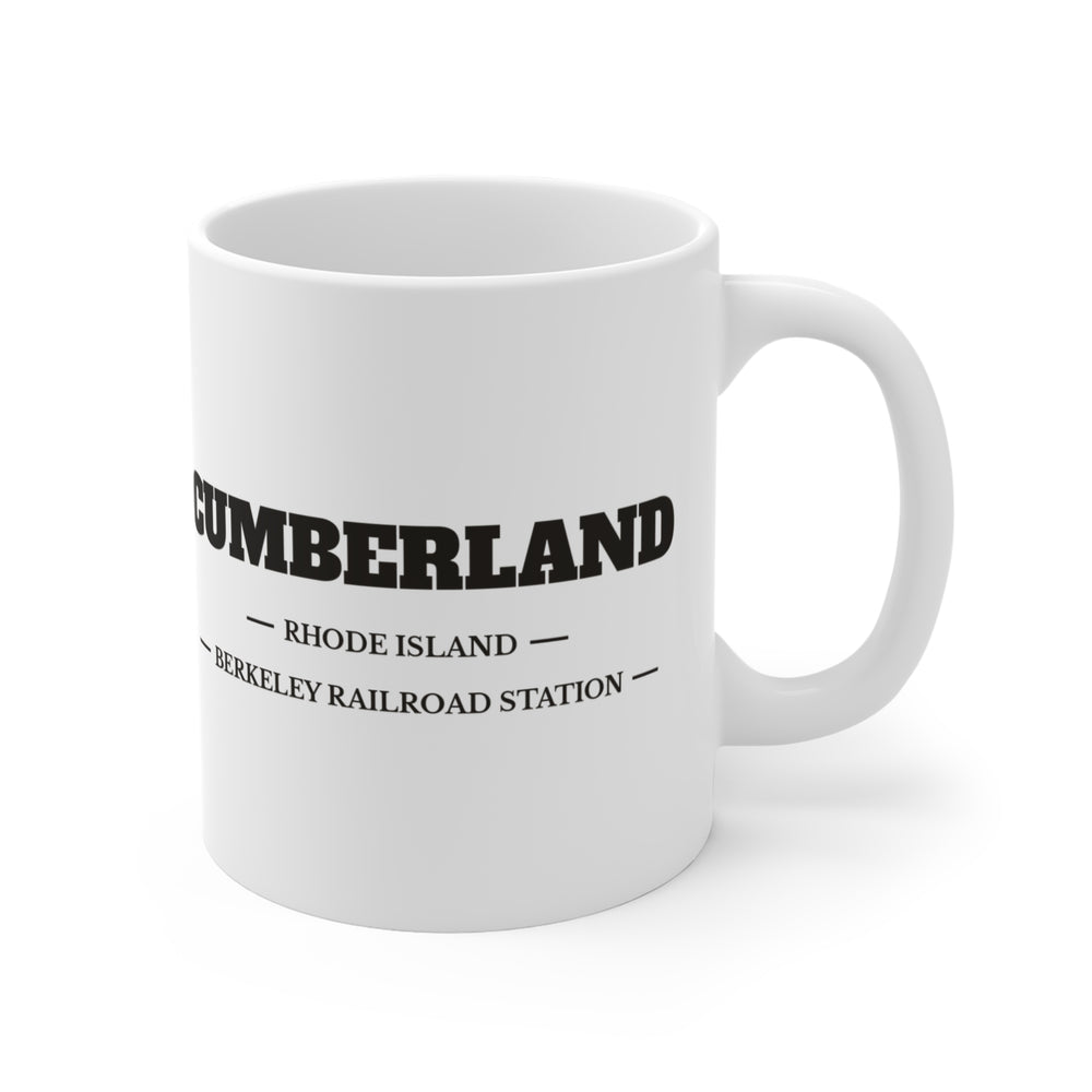 Cumberland Berkeley Railroad Station 11 oz ceramic mug — lettering view, handle right — Familiar History