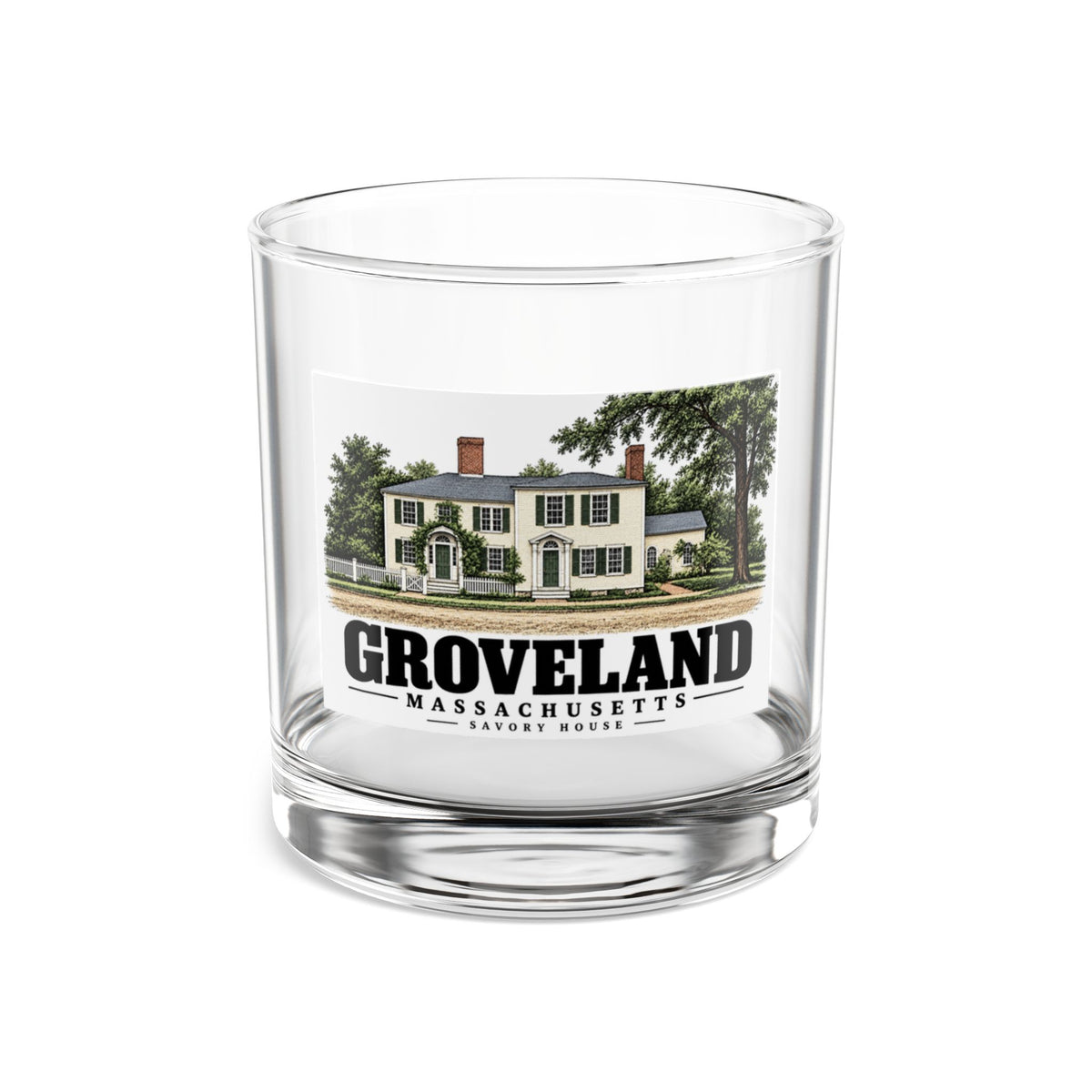 Front of Savory House rocks glass, with Groveland, Massachusetts artwork and lettering.