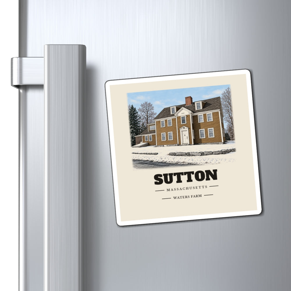 Sutton Waters Farm 4 inch magnet shown on a refrigerator