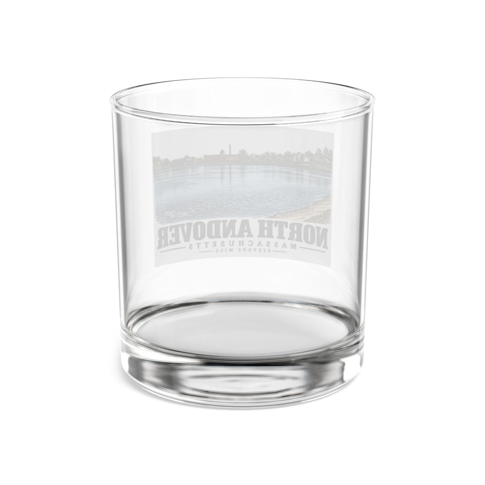 Transparent reverse of Stevens Mill rocks glass, with North Andover, Massachusetts artwork and lettering.