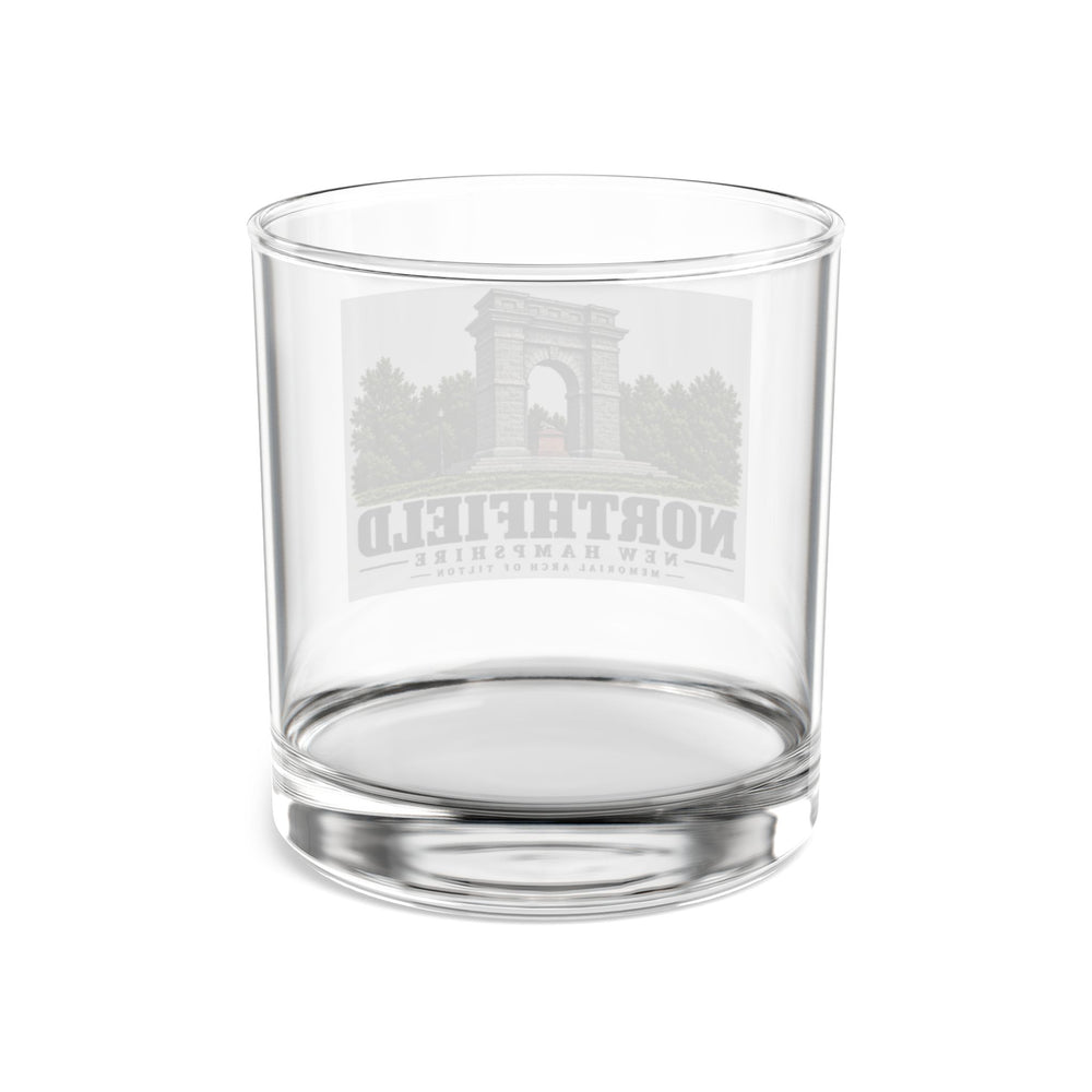 Transparent reverse with front artwork visible through glass of Memorial Arch of Tilton rocks glass, Northfield, New Hampshire.