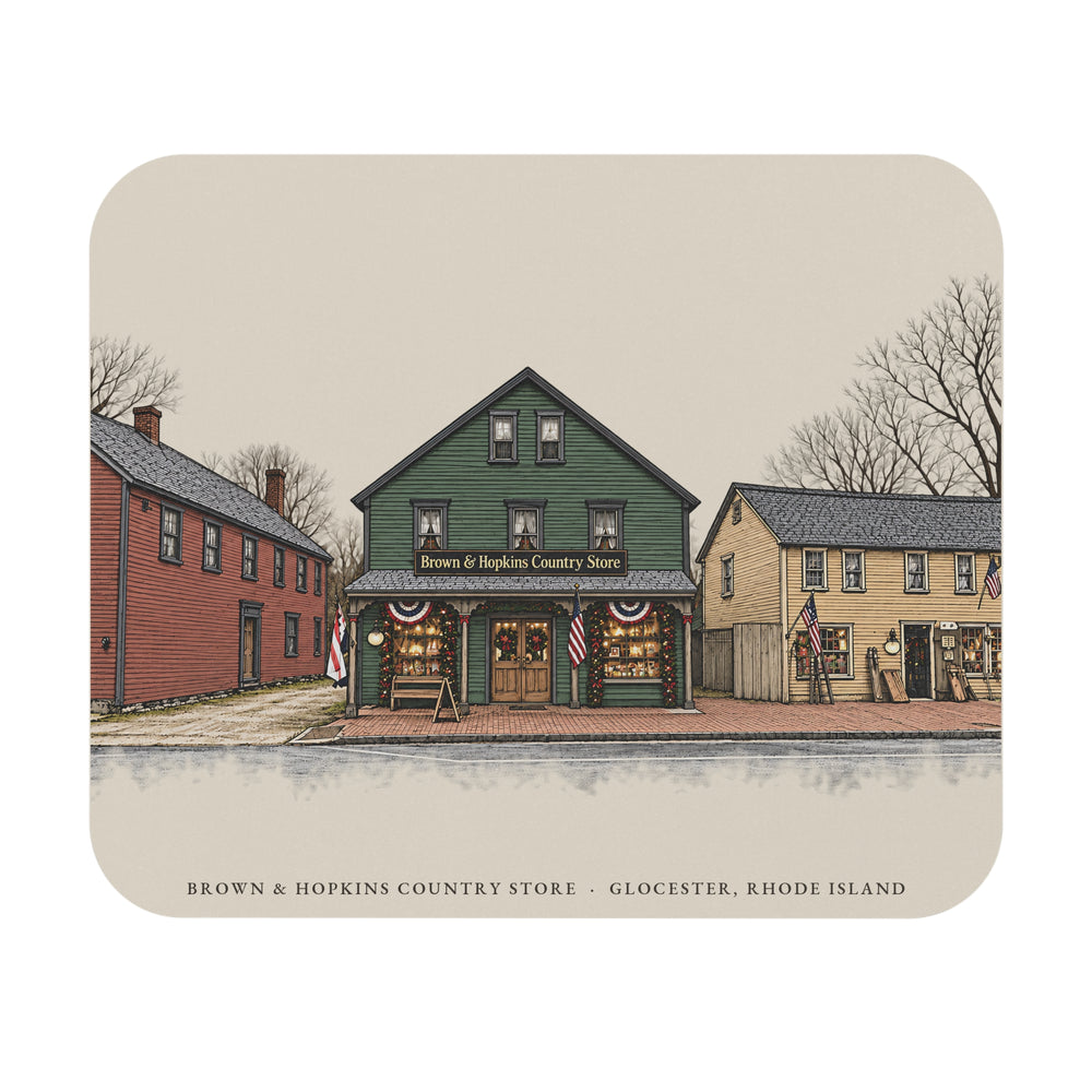 Glocester Brown & Hopkins Country Store, Chepachet mouse pad mockup showing the full illustrated print