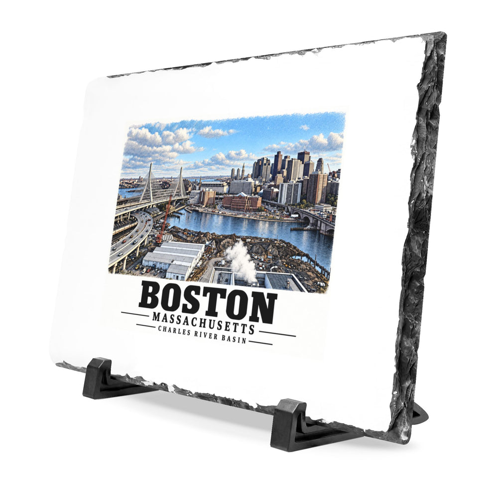 Angled rough-edged slate display on black stands showing Boston skyline, cable-stayed bridge and Charles River basin artwork