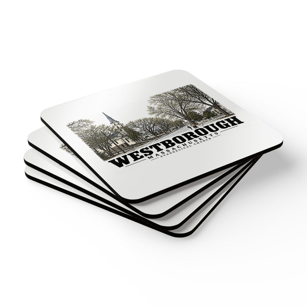 Illustrated Evangelical Church in Westborough on corkwood coaster set