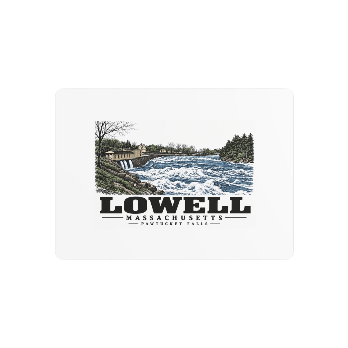 Front of Pawtucket Falls metal wall art, with Lowell, Massachusetts artwork and lettering.