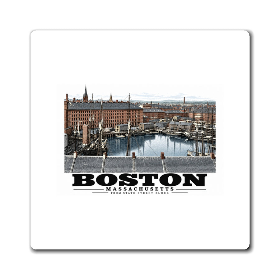 White square magnet showing Boston waterfront buildings, wharves, boats and harbor water artwork and Boston lettering