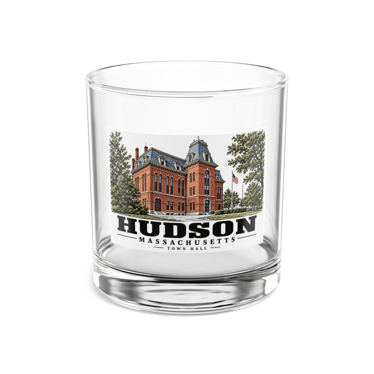 Illustrated Town Hall in Hudson on rocks glass