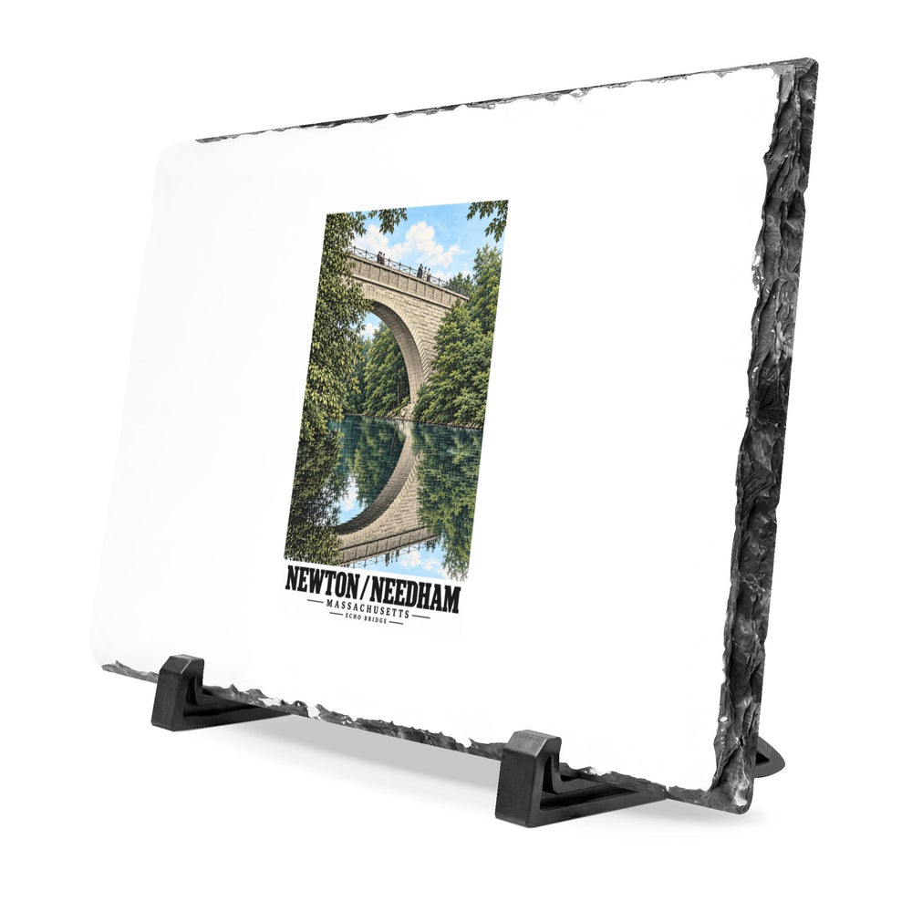 Angled rough-edged slate display on black stands showing Echo Bridge portrait artwork