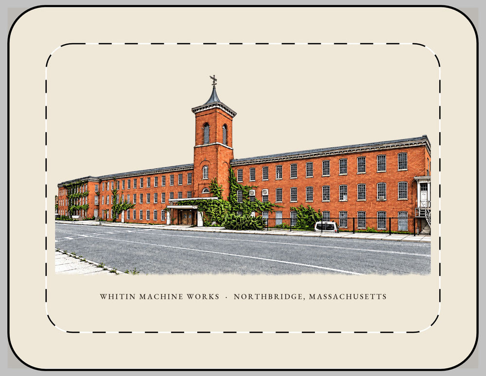 Northbridge Whitin Machine Works 13-inch laptop sleeve mockup showing the full illustrated print