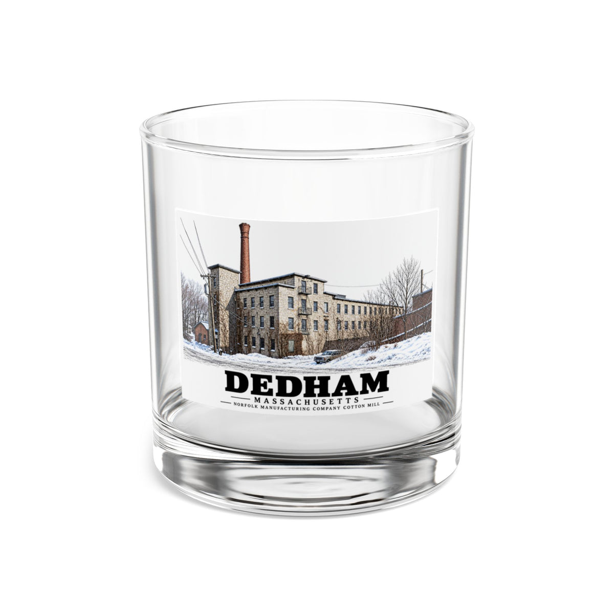 Illustrated Norfolk Manufacturing Company Cotton Mill in Dedham on rocks glass