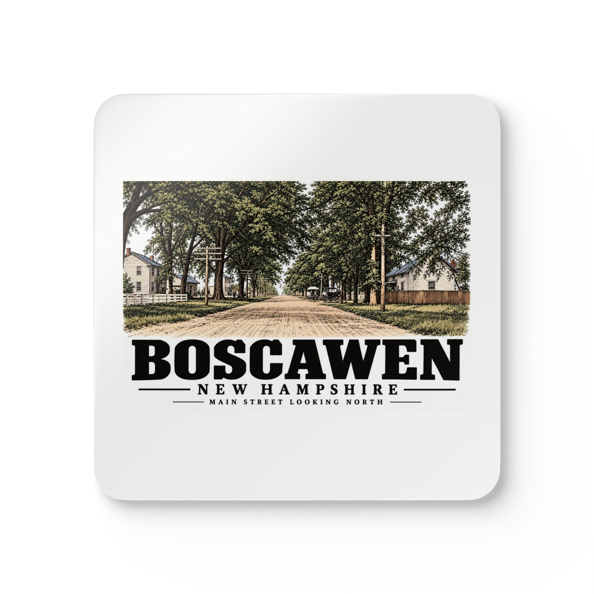 Front of Main Street Looking North square cork-backed coaster set, Boscawen, New Hampshire.