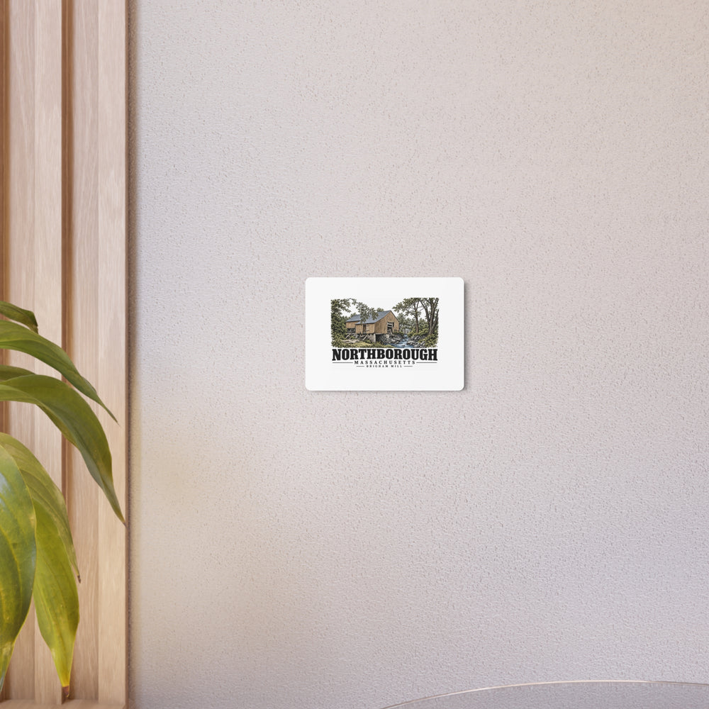 Illustrated Brigham Mill in Northborough on metal art sign