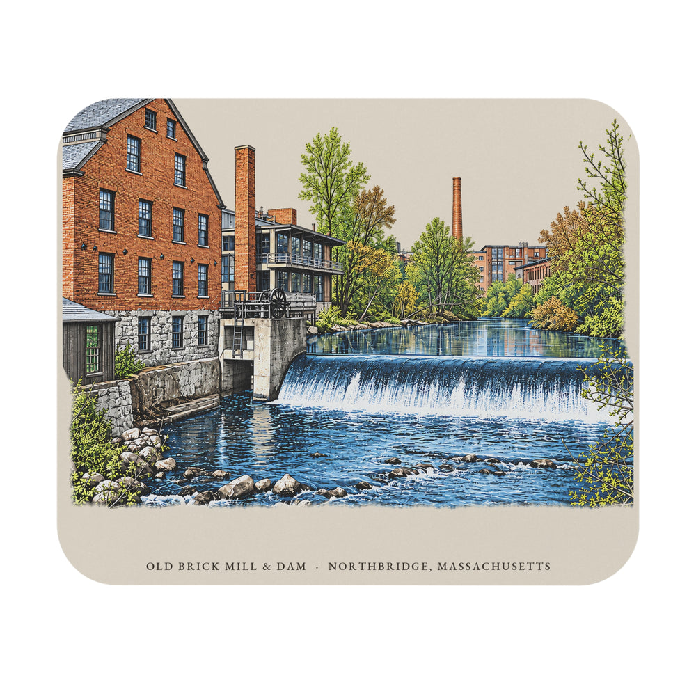 Northbridge Old Brick Mill and Mumford River Dam mouse pad mockup showing the full illustrated print