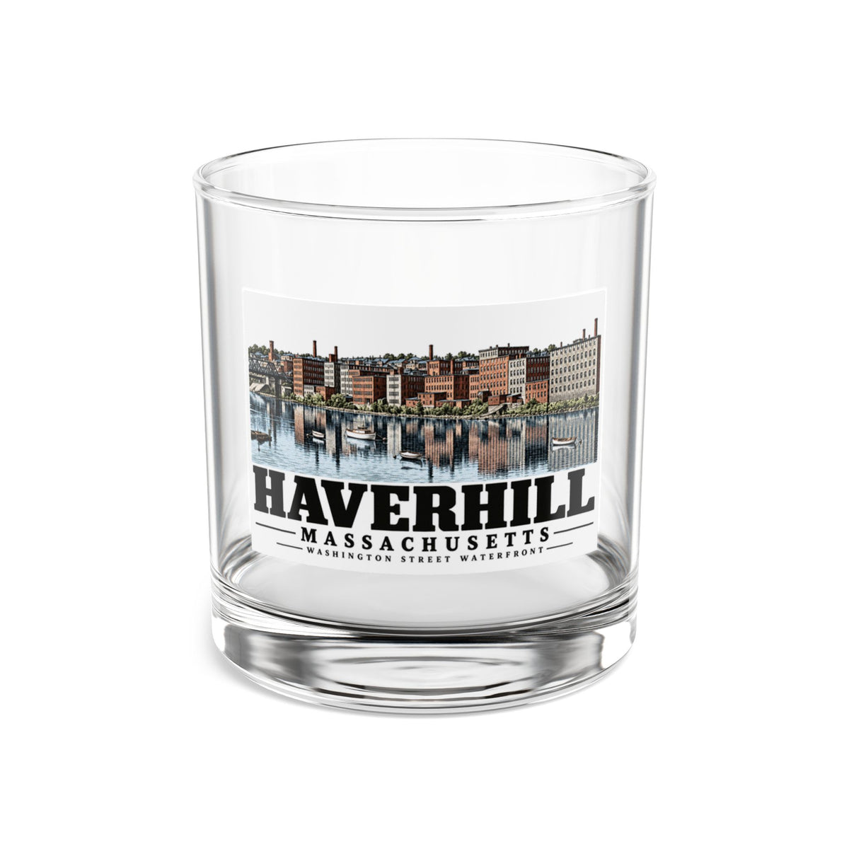 Front of Washington Street Waterfront rocks glass, with Haverhill, Massachusetts artwork and lettering.