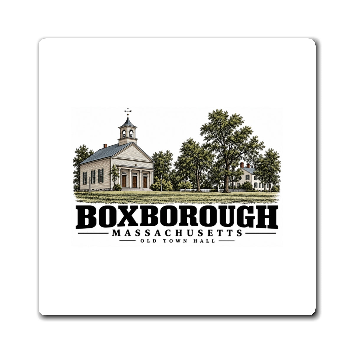 Illustrated Old Town Hall in Boxborough on square magnet
