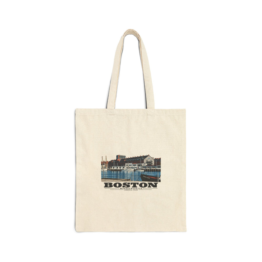 Commercial Wharf from Long Wharf Natural Heavy Canvas Tote - Boston Harbor