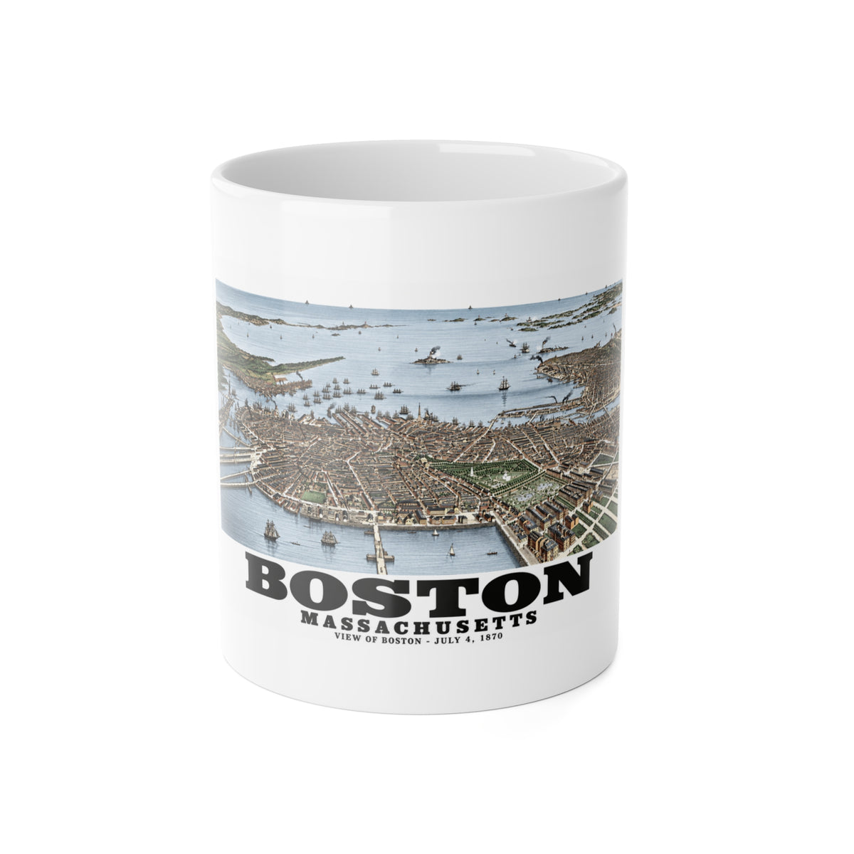 White mug showing historic Boston harbor panorama with boats and waterfront buildings artwork and Boston lettering