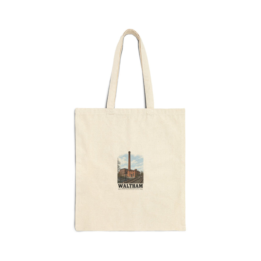 Illustrated Boston Manufacturing Company in Waltham on cotton canvas tote — natural canvas