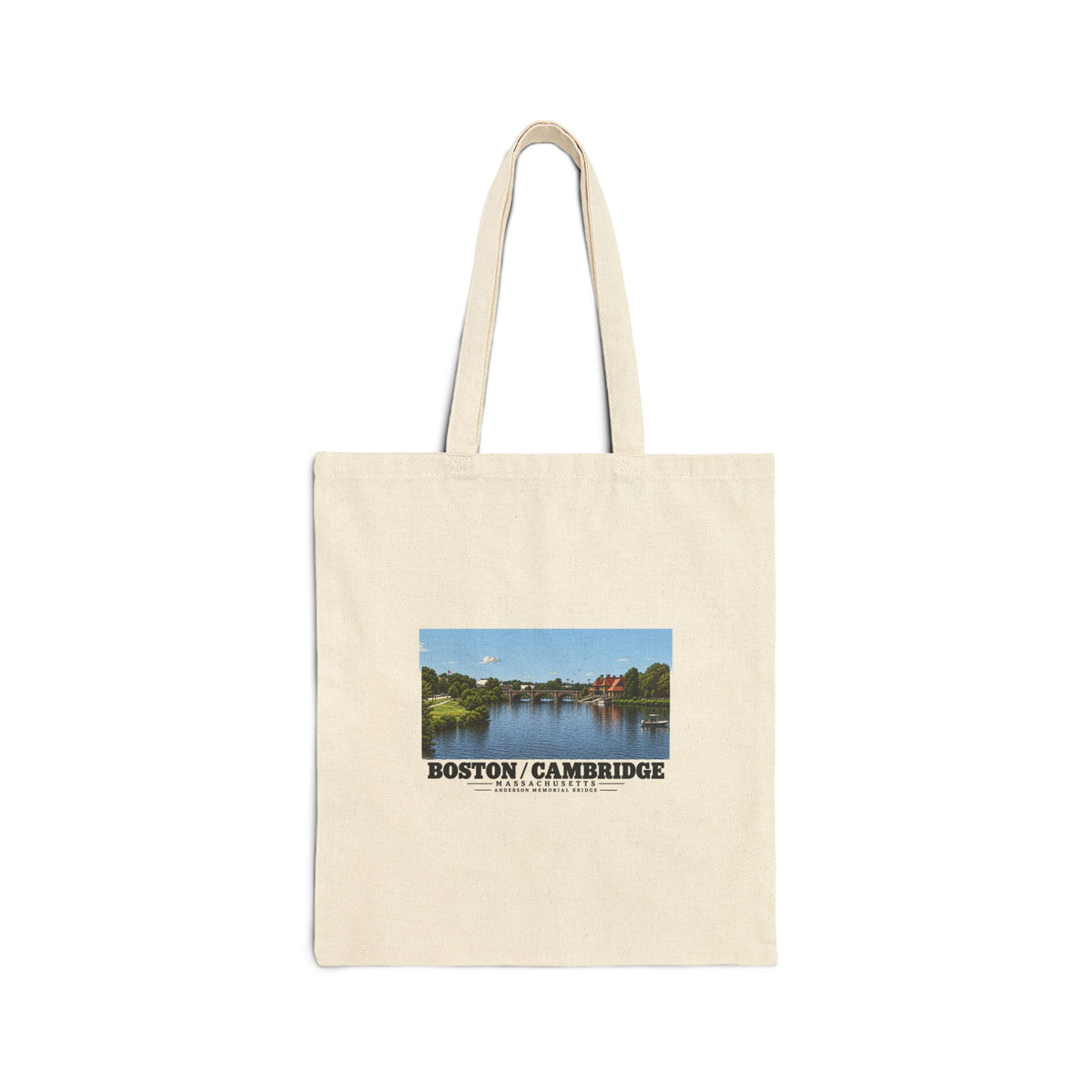 Natural fabric tote with Anderson Memorial Bridge distant river view artwork and Boston/Cambridge lettering