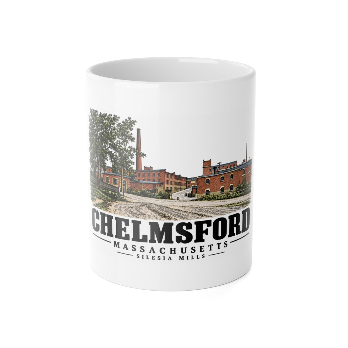 Chelmsford Silesia Mills with neighboring industrial offices 11 oz White Ceramic Mug - Merrimack Valley Goods