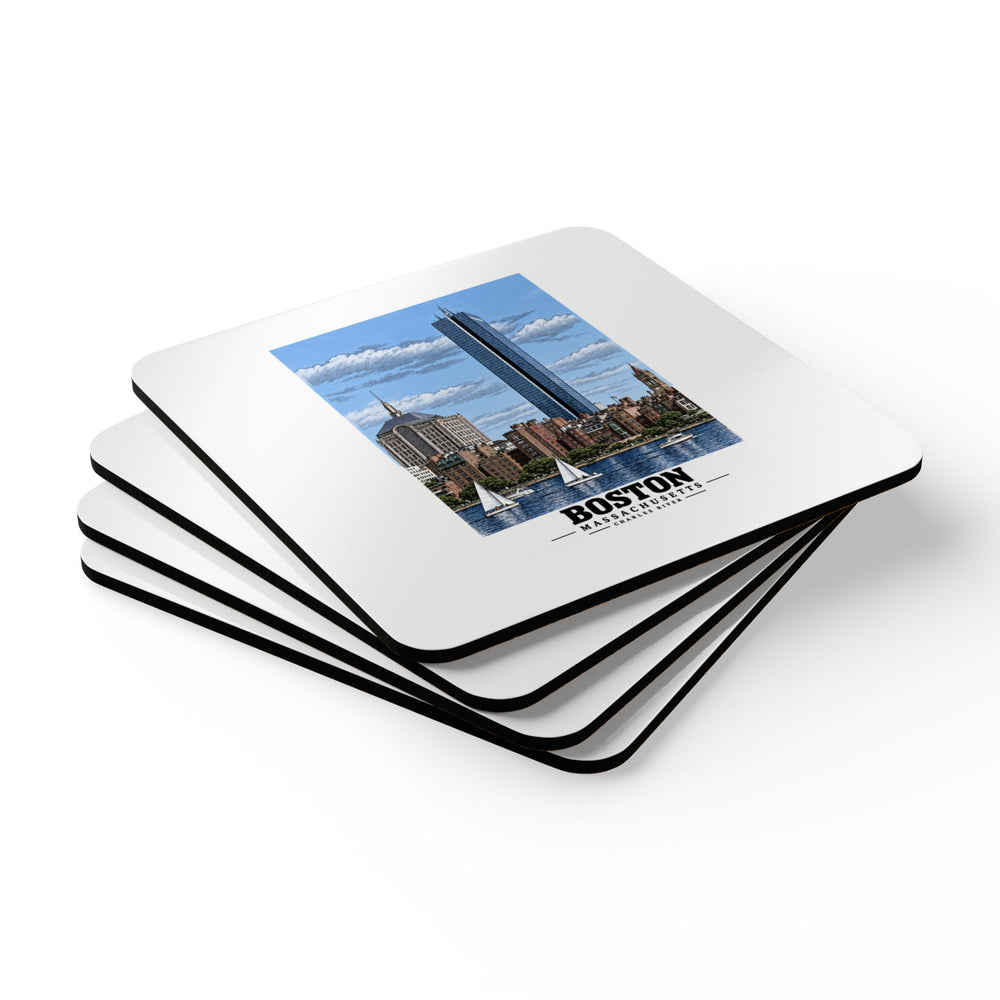 Illustrated Boston, Massachusetts, from the Charles River in Boston and Cambridge on corkwood coaster set
