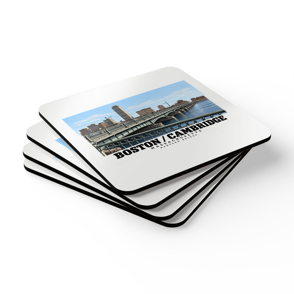 Stack of four coasters with Harvard Bridge artwork and Boston/Cambridge lettering on the top coaster
