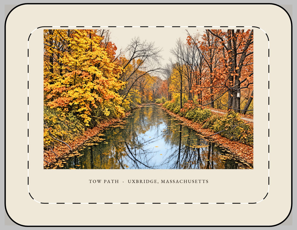 Uxbridge Tow Path 13-inch laptop sleeve mockup showing the full illustrated print
