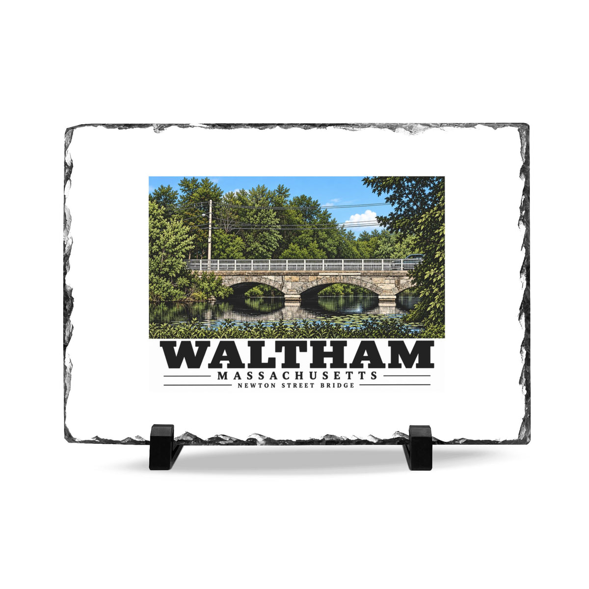 Front view of the Waltham Newton Street Bridge slate desk plaque on black stands.