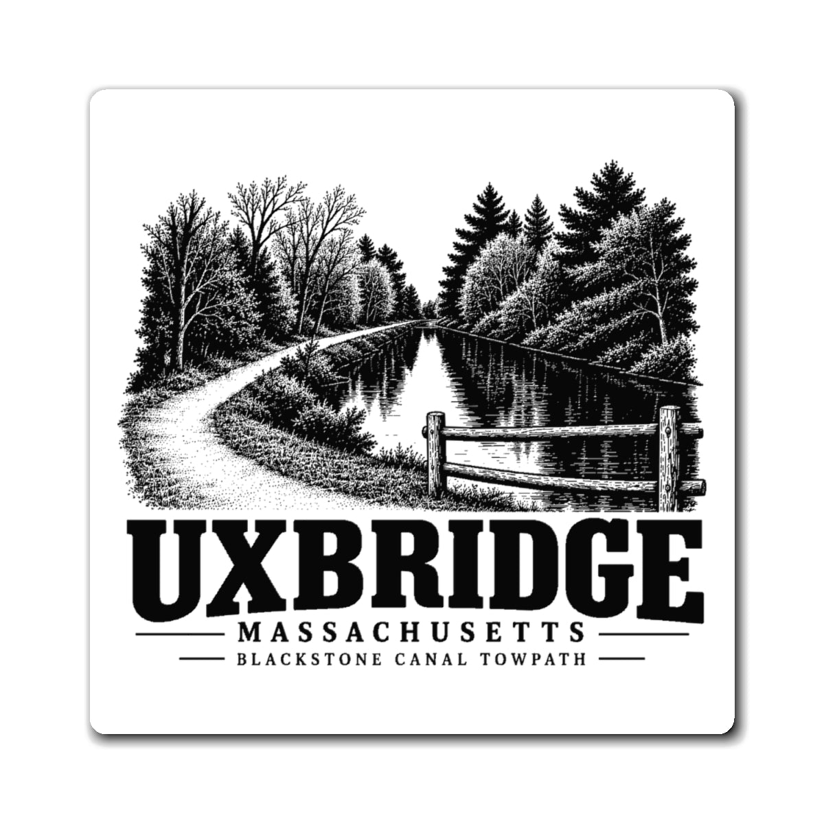 Front view of the Uxbridge Tow Path 4-inch square magnet with design