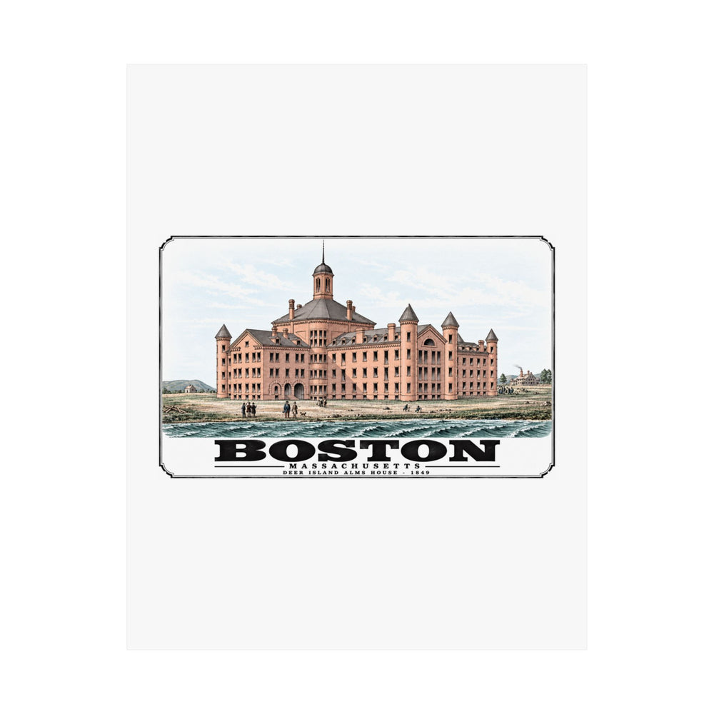 Flat large symmetrical alms house building, grounds and figures poster with Boston lettering