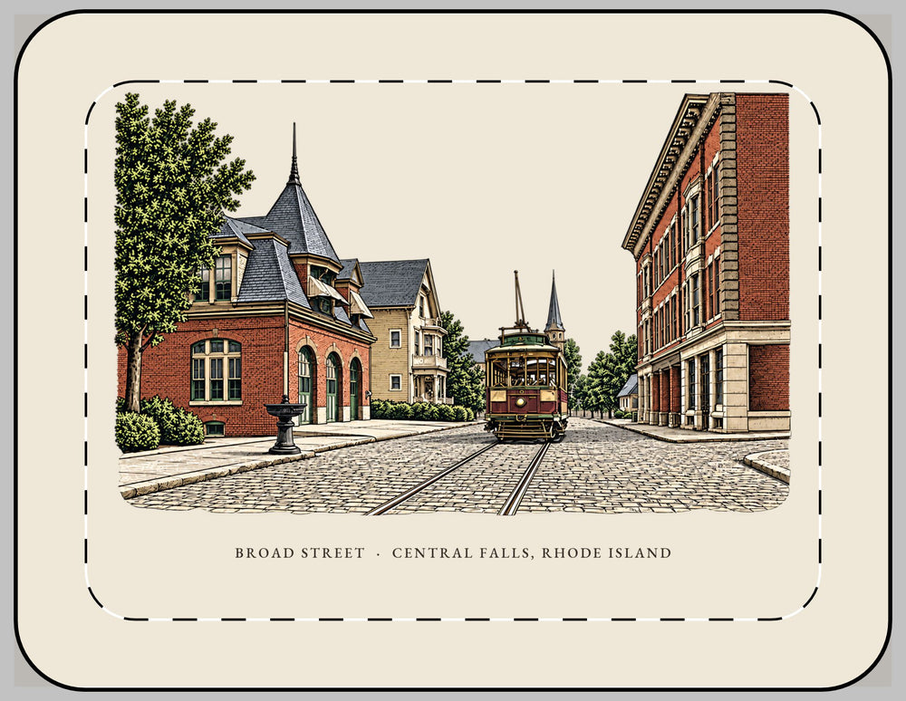 Central Falls Broad Street 13-inch laptop sleeve mockup showing the full illustrated print