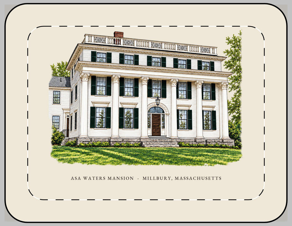 Millbury Asa Waters Mansion 13-inch laptop sleeve mockup showing the full illustrated print