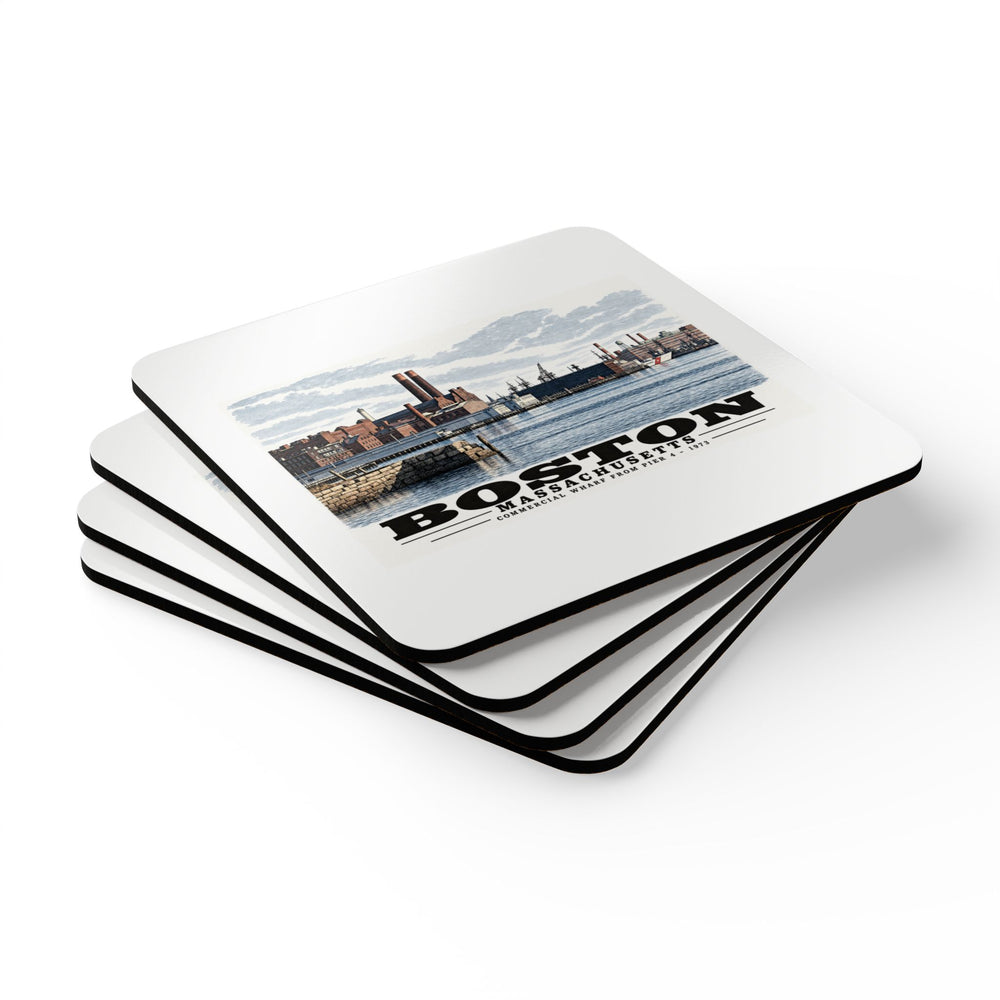 Stack of square coasters with Commercial Wharf waterfront buildings, twin chimneys and harbor water artwork visible on the top coaster
