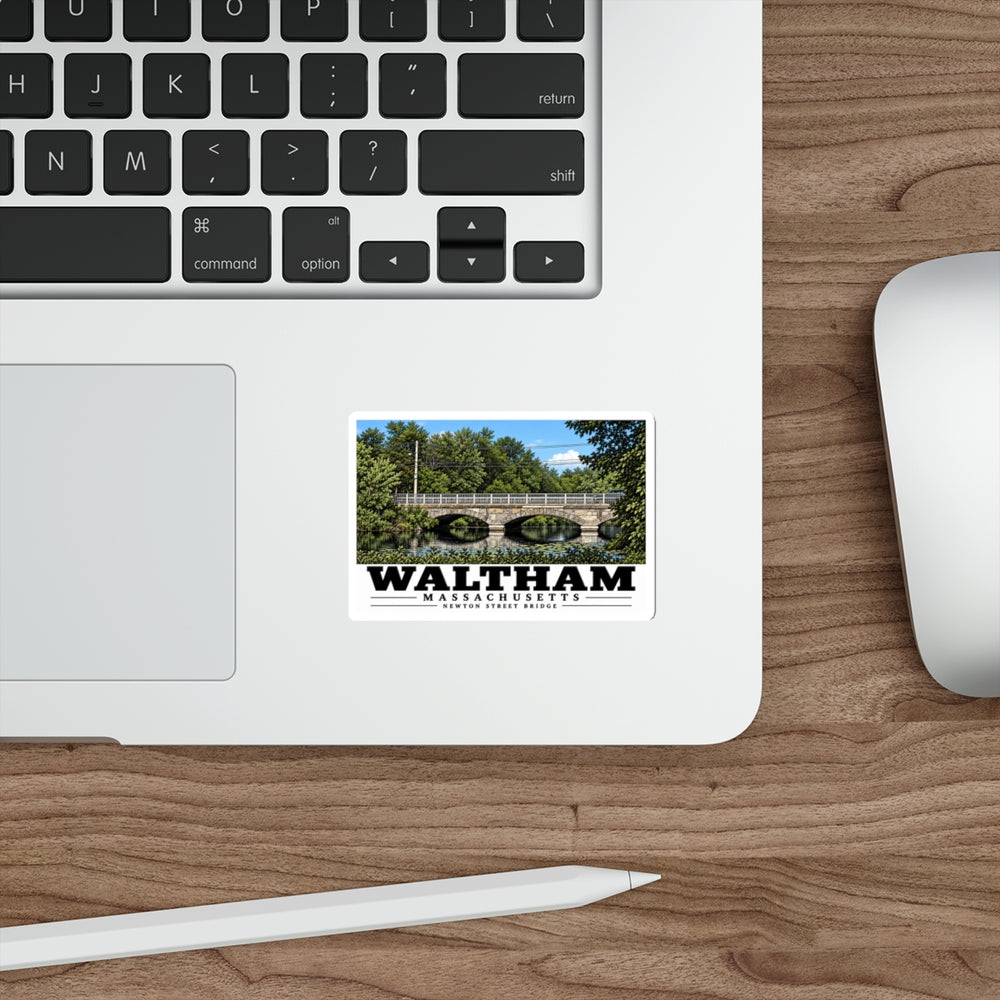 Illustrated Newton Street Bridge in Waltham on die-cut sticker