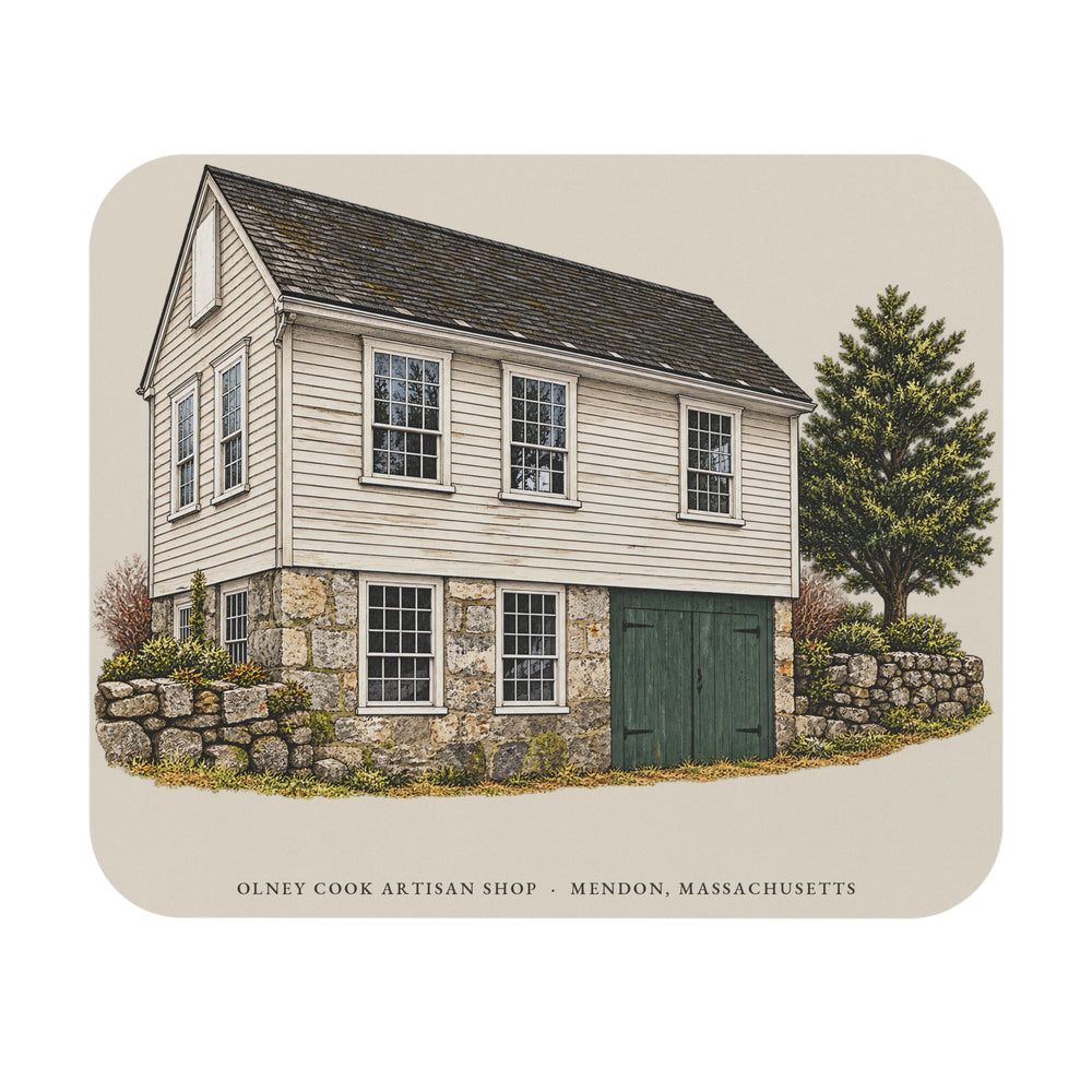 Mendon Olney Cook Artisan Shop mouse pad mockup showing the full illustrated print