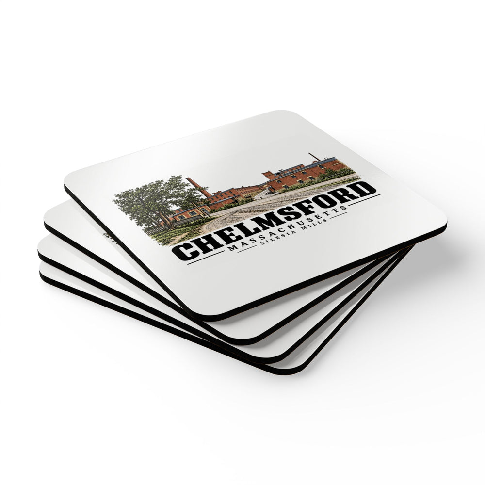Chelmsford Silesia Mills with neighboring industrial offices Cork Back Coaster Set - Merrimack Valley Goods