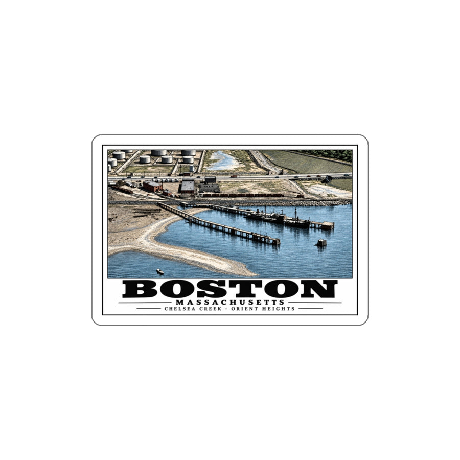 Orient Heights taken at 600 feet-Shore line, Chelsea Creek, East Boston 4 in White Die-Cut Sticker - Boston Harbor